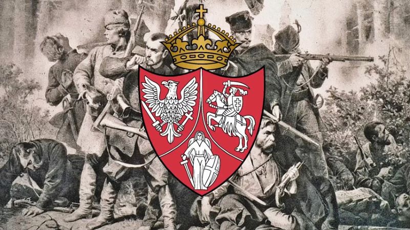 W tle obraz Polonia IV, Bitwa autorstwa Artura Grottgera, na pierwszym planie herb powstania styczniowego